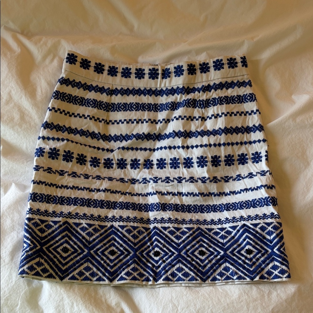 Sam Edelman White Mini Skirt with Blue Geometric Embroidery